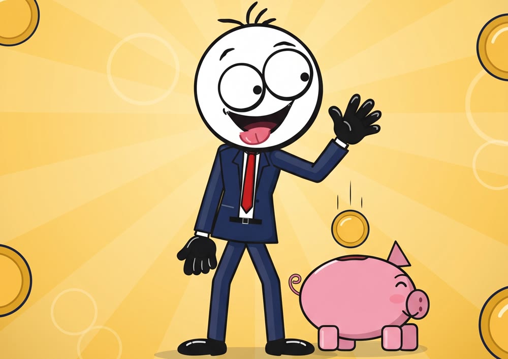 Bob Stickman saluda junto a su hucha mientras cae una moneda